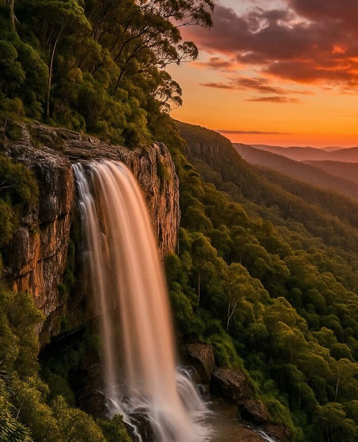 Waterfall flowing from a cliff into a lush forest valley during a warm golden sunset with dramatic sky and glowing evening light over mountains.