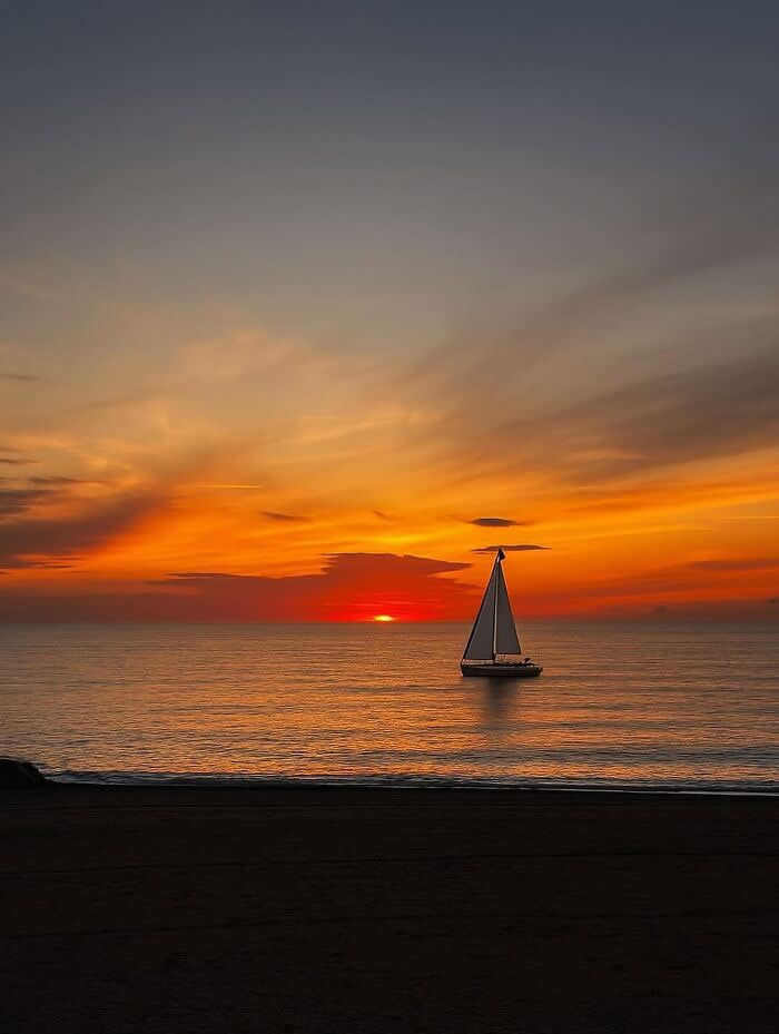 Single sailboat sailing on calm ocean during a dramatic orange sunset with glowing horizon and colorful clouds reflecting on the water.