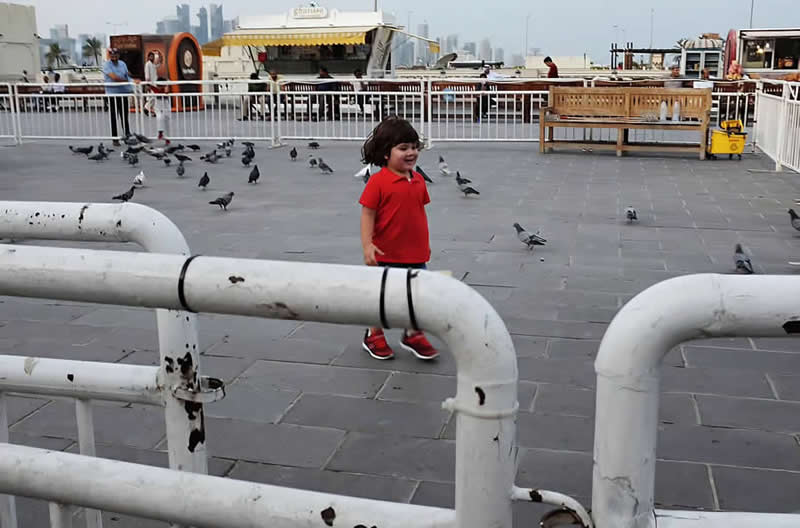 Street photo of a child in red walking among pigeons, framed by white metal pipes in the foreground, creating depth and layered composition.