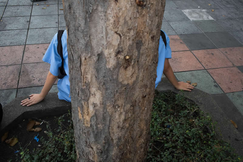 Street photo of a person sitting behind a tree trunk, with their face hidden and body split on both sides, creating a symmetrical composition.