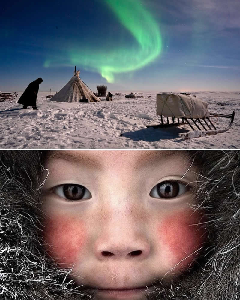 Alessandro Bergamini’s Portraits That Connect People to Their Landscapes 22 Portrait of a Nenets child in traditional fur clothing paired with an Arctic tundra landscape under the northern lights in Nenets, Russia, showing a nomadic tent and sled in the snowy environment.