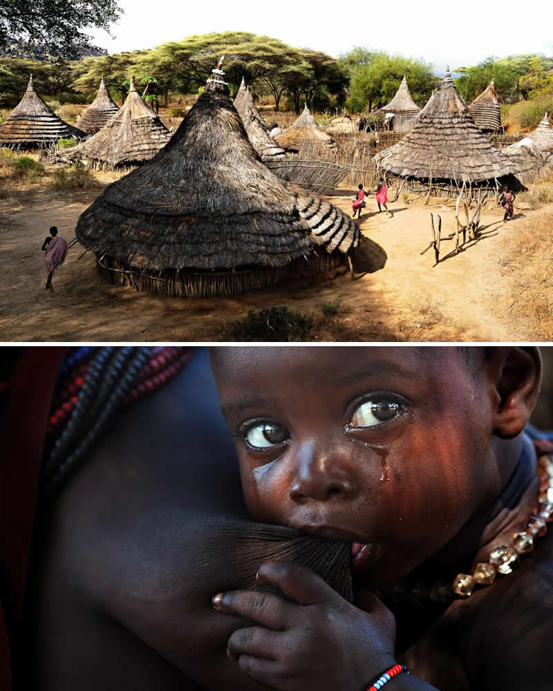 Alessandro Bergamini’s Portraits That Connect People to Their Landscapes 23 Portrait of an Erbore child breastfeeding in Ethiopia paired with a view of a traditional Erbore village with circular thatched huts, illustrating the connection between people, culture, and landscape in southern Ethiopia.