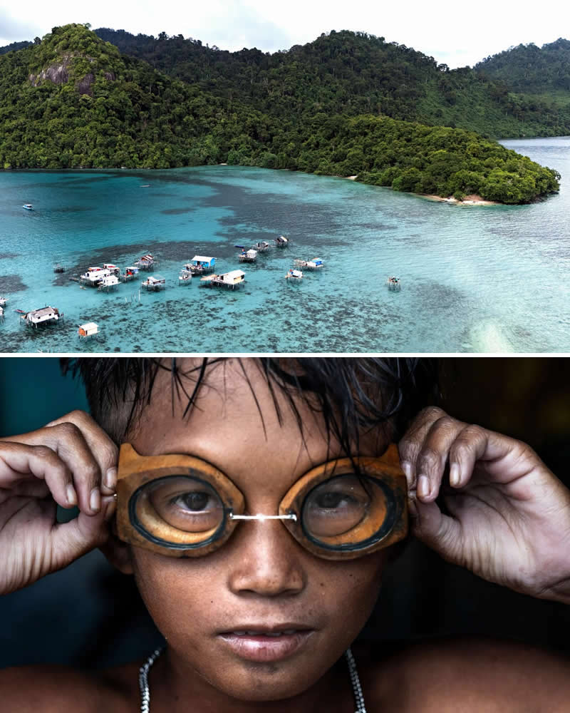 Alessandro Bergamini’s Portraits That Connect People to Their Landscapes 25 Portrait of a Bajau sea nomad child wearing handmade wooden diving goggles paired with an aerial view of stilt houses over clear turquoise waters in Bajau, Malaysia, illustrating the deep cultural connection between the Bajau people and the ocean.