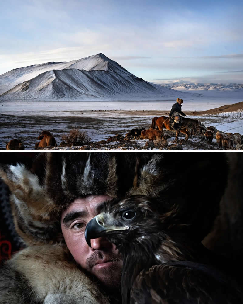 Alessandro Bergamini’s Portraits That Connect People to Their Landscapes 26 Portrait of a Berkutchi eagle hunter wearing traditional fur clothing with a golden eagle paired with a snowy Mongolian steppe landscape where a rider herds animals near mountains, illustrating the deep cultural bond between Mongolian hunters, eagles, and the land.