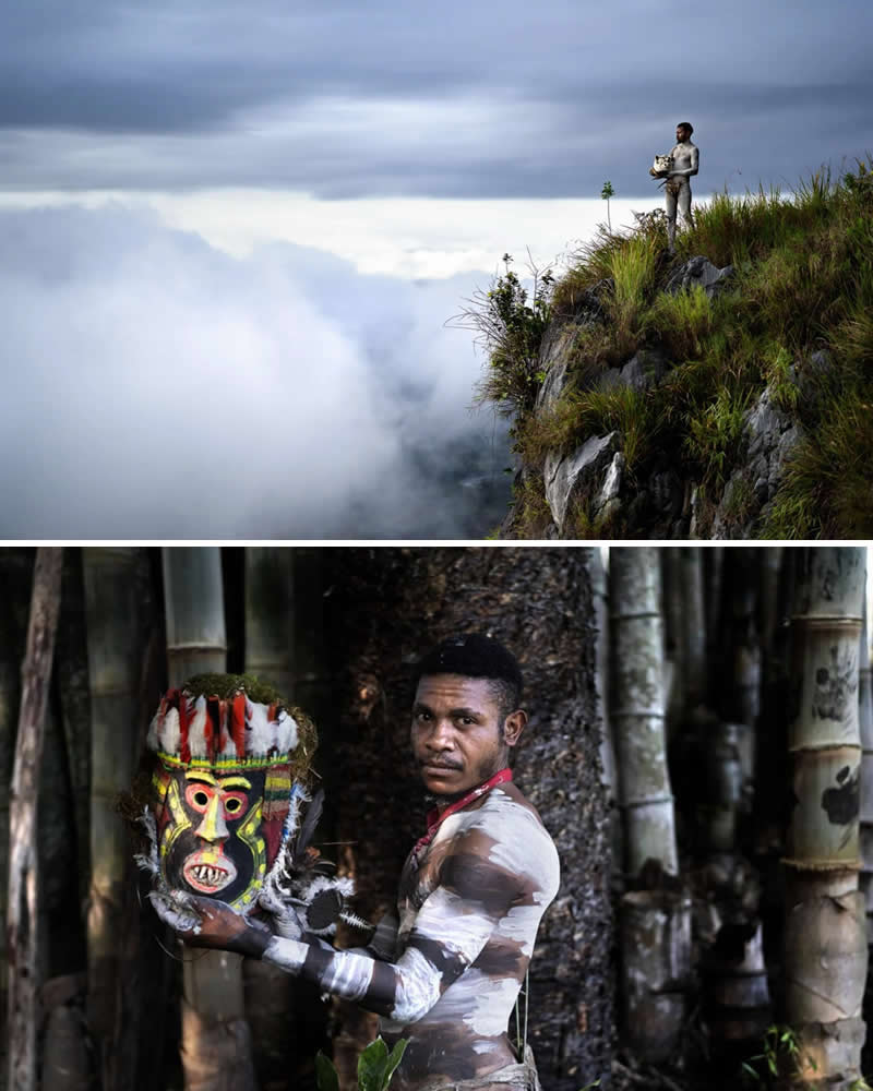 Alessandro Bergamini’s Portraits That Connect People to Their Landscapes 27 Portrait of an Asaro man holding a traditional ceremonial mask paired with a misty mountain landscape in Asaro, Papua New Guinea, highlighting the connection between indigenous culture, ritual traditions, and the dramatic highland environment.