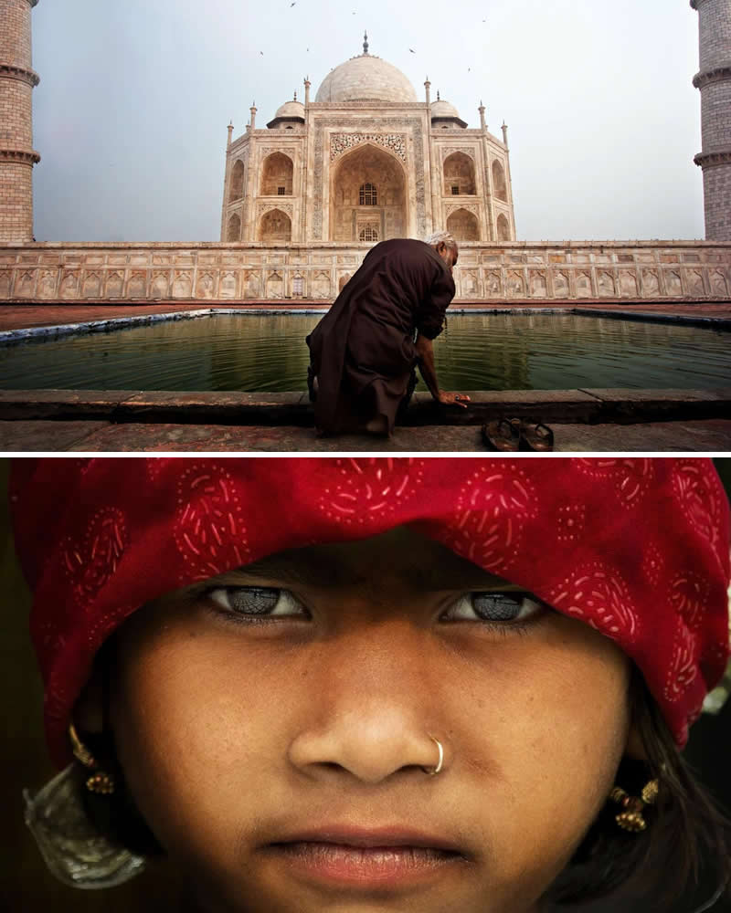 Alessandro Bergamini’s Portraits That Connect People to Their Landscapes 29 Portrait of a young Indian girl wearing a red headscarf paired with a view of the Taj Mahal in India, showing a man near the reflecting pool and highlighting the connection between people, culture, and one of India’s most iconic historical landscapes.