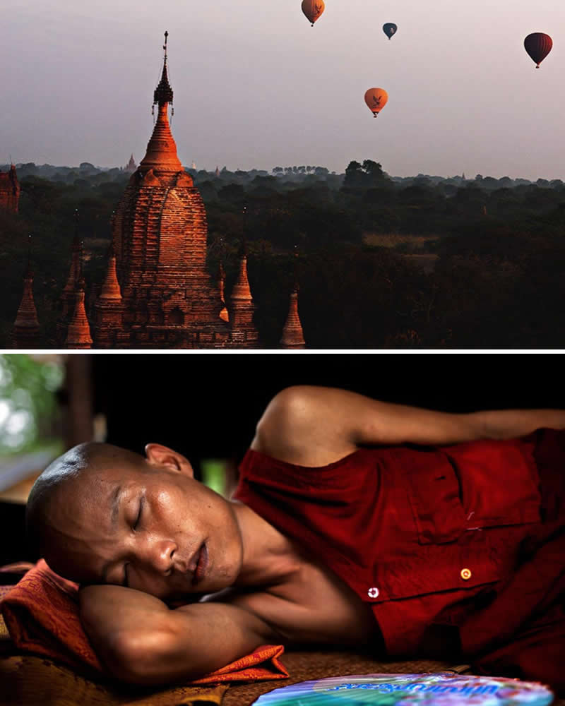Alessandro Bergamini’s Portraits That Connect People to Their Landscapes 30 Buddhist monk resting peacefully indoors wearing a red robe paired with a sunrise landscape of Bagan, Myanmar, where ancient pagodas rise above the plains as colorful hot air balloons float in the sky.