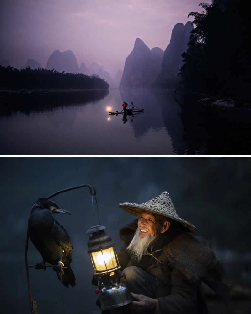 Alessandro Bergamini’s Portraits That Connect People to Their Landscapes 32 Portrait of an elderly Chinese cormorant fisherman holding a lantern beside his trained bird, paired with a misty dawn landscape of the Li River in Guilin, China, where a fisherman stands on a bamboo raft surrounded by dramatic karst mountains.