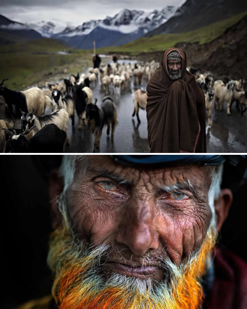 Alessandro Bergamini’s Portraits That Connect People to Their Landscapes 33 Portrait of an elderly Kashmiri shepherd with a weathered face and dyed orange beard paired with a mountain valley scene in Kashmir, India, where a shepherd guides a large flock of sheep along a road beneath snow-capped Himalayan peaks.