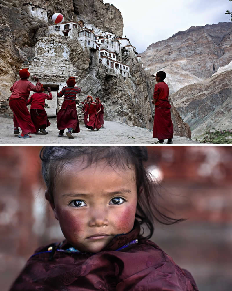 Alessandro Bergamini’s Portraits That Connect People to Their Landscapes 34 Portrait of a young Ladakhi child with rosy cheeks paired with a scene of Buddhist monks playing near the cliffside Thiksey Monastery in Ladakh, India, highlighting the connection between local people, monastic life, and the dramatic Himalayan landscape.