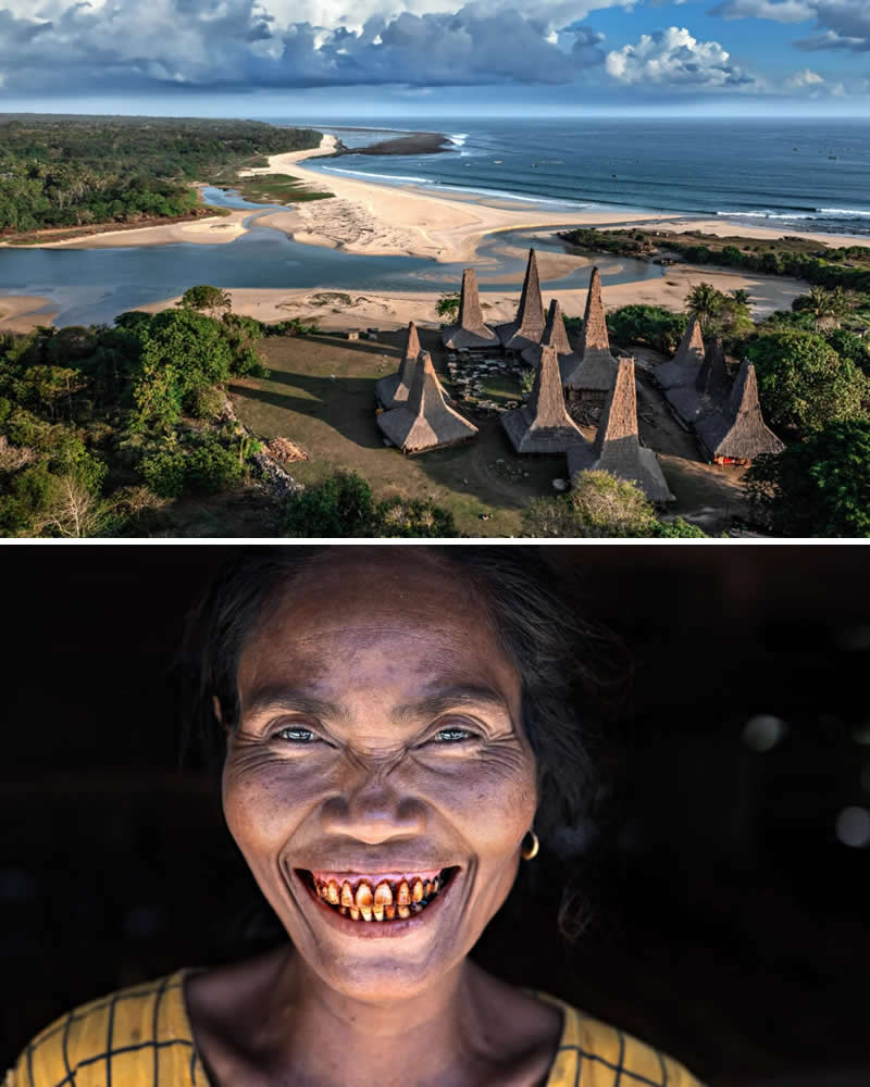Alessandro Bergamini’s Portraits That Connect People to Their Landscapes 35 Portrait of a smiling Sumba woman with traditional betel-stained teeth paired with an aerial view of the iconic cone-shaped traditional houses near the coast of Sumba Island, Indonesia, highlighting the connection between local culture, architecture, and the island’s coastal landscape.