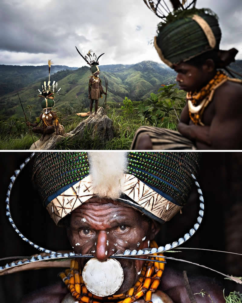 Alessandro Bergamini’s Portraits That Connect People to Their Landscapes 36 Portrait of a Dani tribal elder wearing traditional headdress and ornaments paired with a mountainous highland landscape in Papua, Indonesia, where Dani men stand on a ridge in ceremonial attire, highlighting the deep cultural connection between indigenous traditions and the rugged highland environment.
