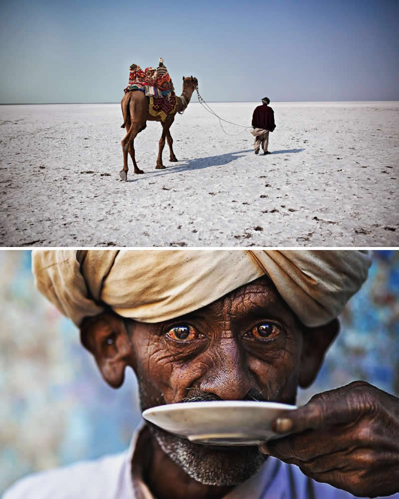 Alessandro Bergamini’s Portraits That Connect People to Their Landscapes 37 Portrait of a Rajasthani man wearing a traditional turban drinking tea paired with a vast white salt desert landscape in the Rann of Kutch, India, where a man leads a decorated camel across the barren expanse, reflecting life shaped by desert terrain and tradition.
