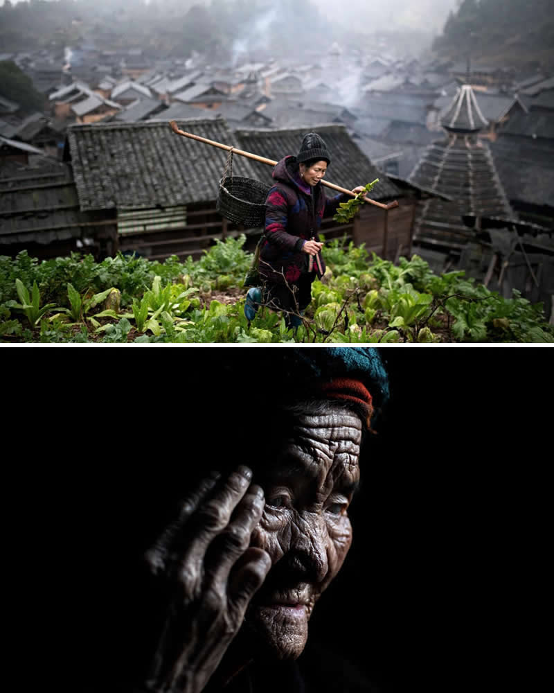 Alessandro Bergamini’s Portraits That Connect People to Their Landscapes 39 Portrait of an elderly Dong woman with deeply lined face paired with a misty hillside village scene in Guizhou, China, where a woman carries a basket through vegetable fields above traditional wooden houses and drum towers, reflecting the connection between rural life, culture, and landscape.