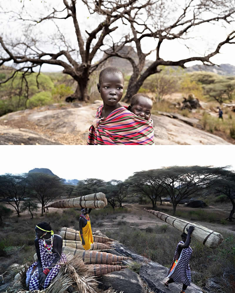 Alessandro Bergamini’s Portraits That Connect People to Their Landscapes 41 Portrait of a young African child carrying a baby sibling wrapped in colorful cloth paired with a rural landscape where women carry bundles of reeds across a dry savanna, highlighting daily life, community, and the deep connection between people and their environment in East Africa.