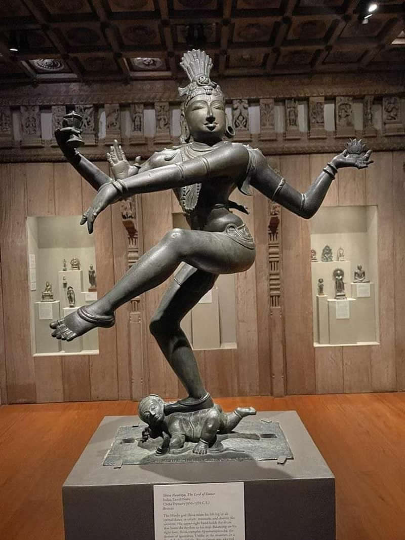 A bronze statue of Shiva in his Nataraja form (850&ndash;1278 CE), originating from the Chola Dynasty in Madurai, Tamil Nadu, India