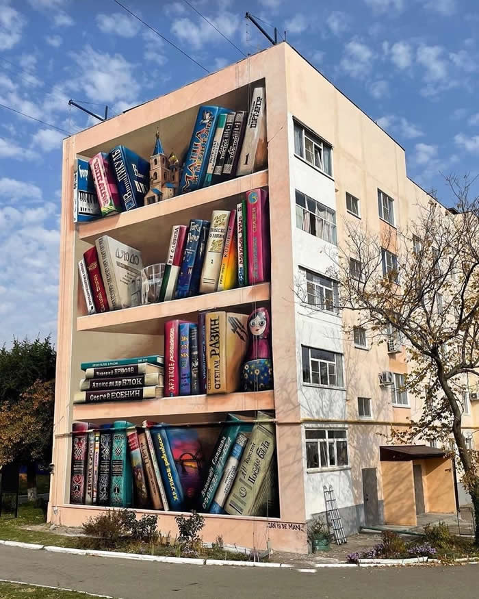 Bookshelf Building - By Jan Is De Man in Solnechnodolsk, Russia - Clever Street Art Photos