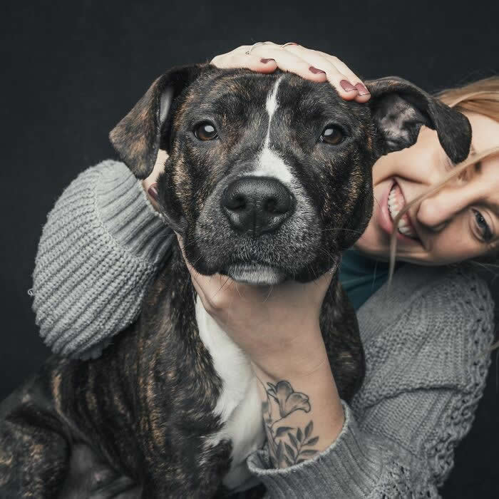 A brindle dog with a white stripe on its face looks calmly at the camera while a smiling woman gently holds its head, showing affection and connection against a dark background.