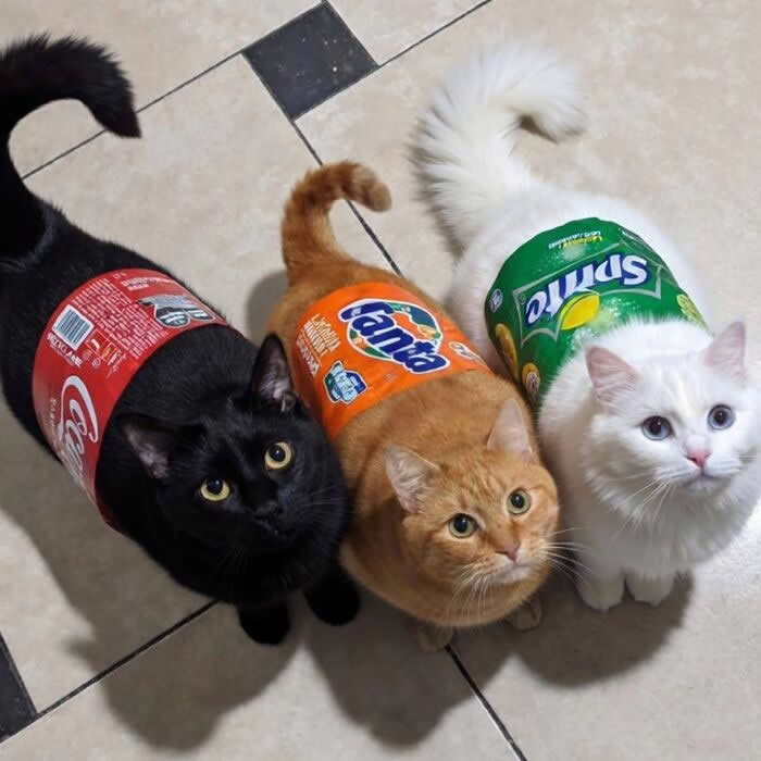 Three cats sit side by side on a tiled floor wearing costume labels that make them look like Coca-Cola, Fanta, and Sprite bottles, while staring up at the camera.