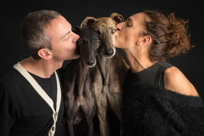 A studio portrait of a couple gently kissing two slender dogs from each side, with the dogs facing forward, captured in soft lighting against a dark background, expressing affection, symmetry, and deep human&ndash;animal connection.