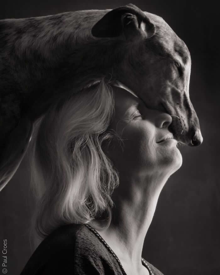 A black-and-white portrait of a dog gently resting its head against a woman&rsquo;s face, both with eyes closed, captured in soft studio lighting, expressing deep trust, affection, and a serene human&ndash;animal bond.