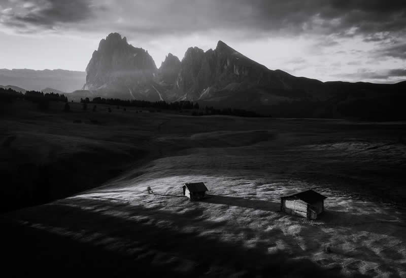 Finalist: "Cottages in the Dolomites" by Alex Krivec - Life Frame Black and White Photo Contest Winners