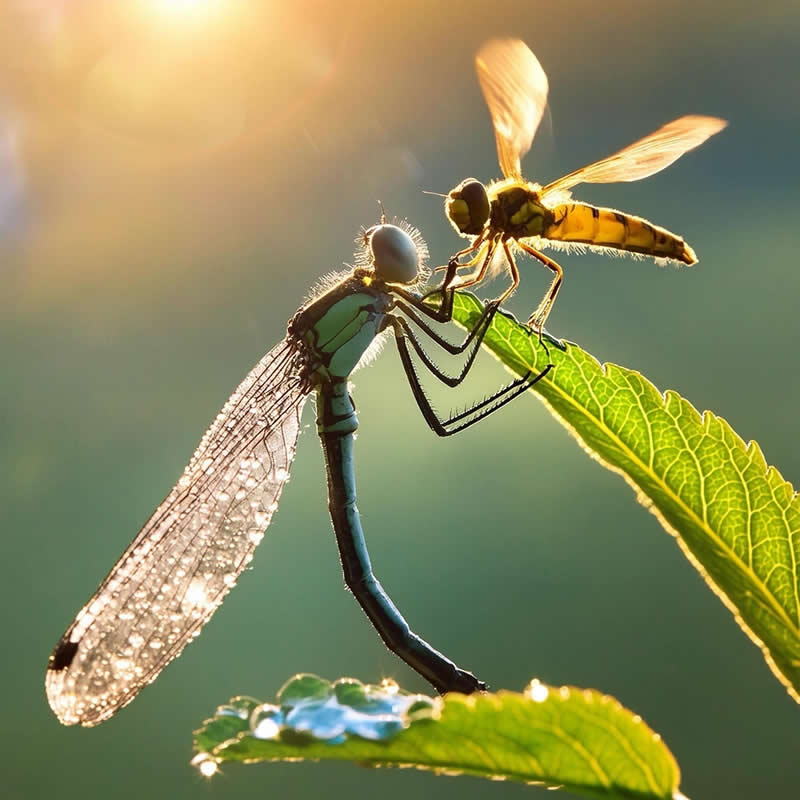 Dramatic macro photo of a damselfly and a flying insect meeting on a sunlit leaf, backlit by warm morning light with dew drops below.