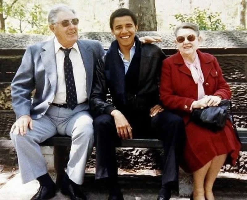 A photo Barack Obama with his grandparents that was taken when he was an undergrad in college sometime in the 1980s. Sadly, I was unable to find an exact date.