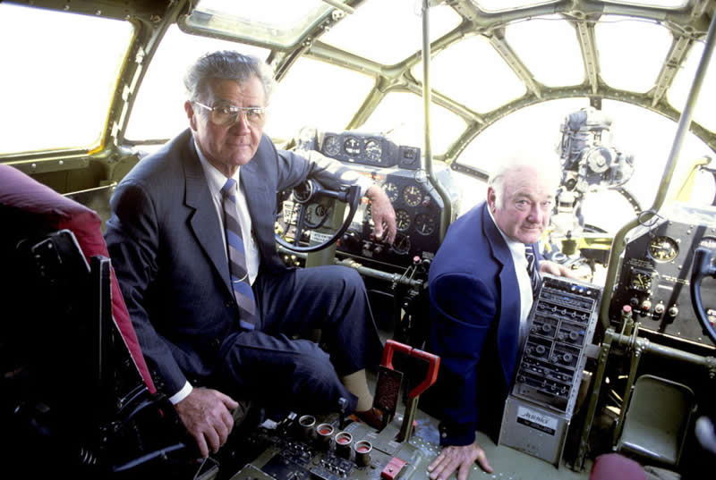 Paul Tibbets (1915&ndash;2007), Brigadier General in the United States Air Force, and Colonel Thomas Ferebee (1918&ndash;2000), in the cockpit of the Boeing B-29 Superfortress bomber 'Enola Gay' that they crewed to drop the first atomic bomb on Hiroshima in 1945. Photo taken in 1981.