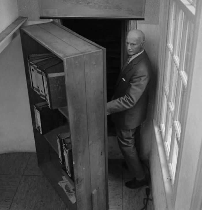 Anne Frank&rsquo;s father Otto revisits the attic entrance where he and his family hid for two years before their betrayal. Amsterdam. 1960