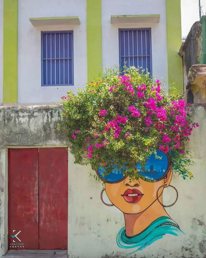 Bougainvillea Shades, Street Art in Pondicherry, India - Street Art Photos Merge with Nature