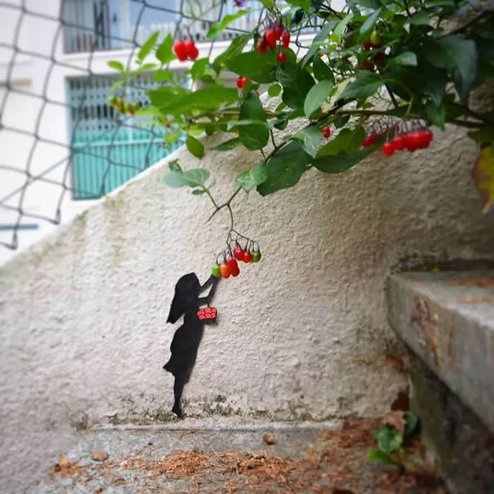 Small Girl and Small Apple in France - Street Art Photos Merge with Nature