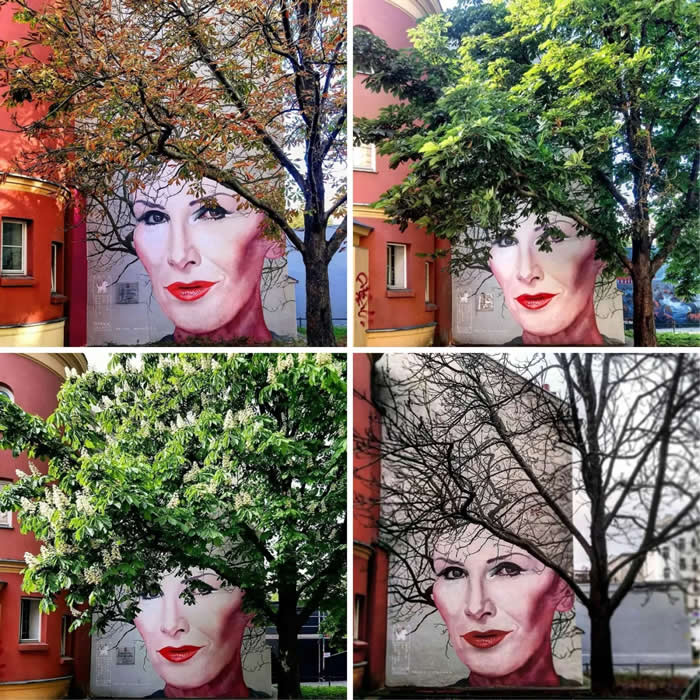 Four Seasons Tribute to Kora in Warsaw, Poland - Street Art Photos Merge with Nature