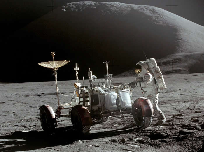 Apollo 15 astronaut Jim Irwin with the Lunar Roving Vehicle on the Moon during his 1971 mission.