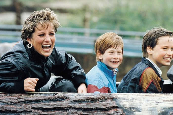 Princess Diana with her two boys on the water ride at Thorpe Park, UK, 1993.