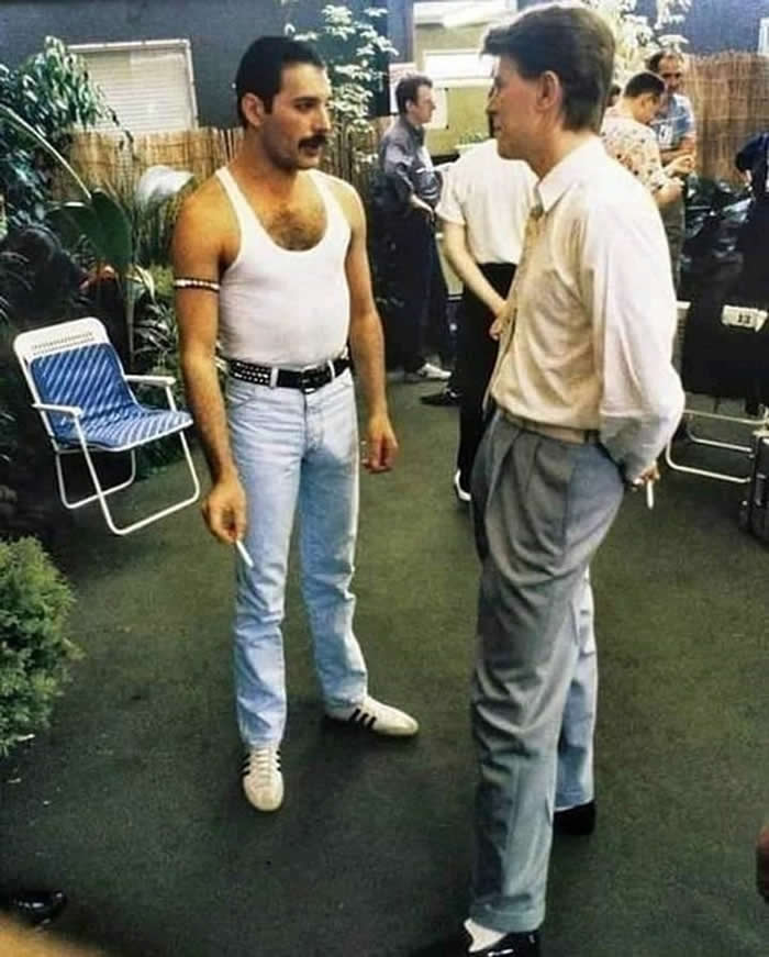 Freddie Mercury and David Bowie Backstage At Live Aid in 1985