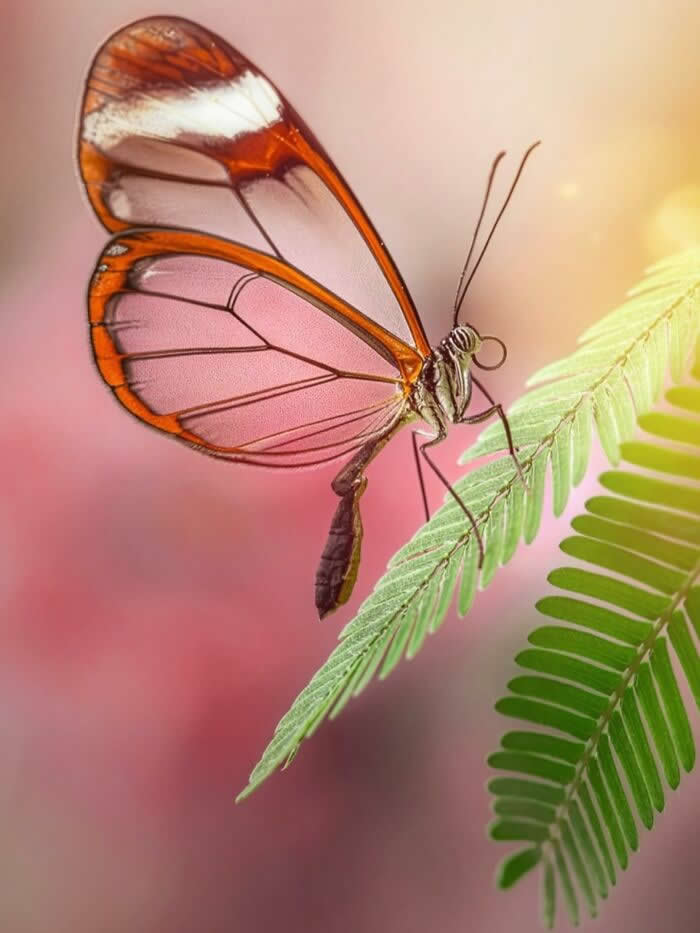 A delicate macro photograph of a transparent-winged butterfly resting on soft green leaves, glowing beautifully against a dreamy pink and golden blurred background.