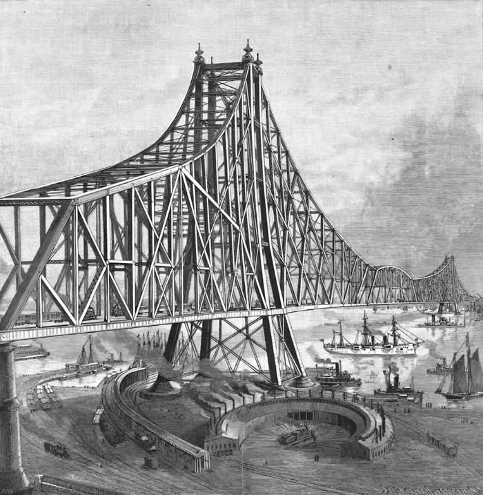 Renderings of a massive railroad bridge across the Hudson, proposed by the New York and New Jersey Bridge Company along the line of 69th Street, 1894.