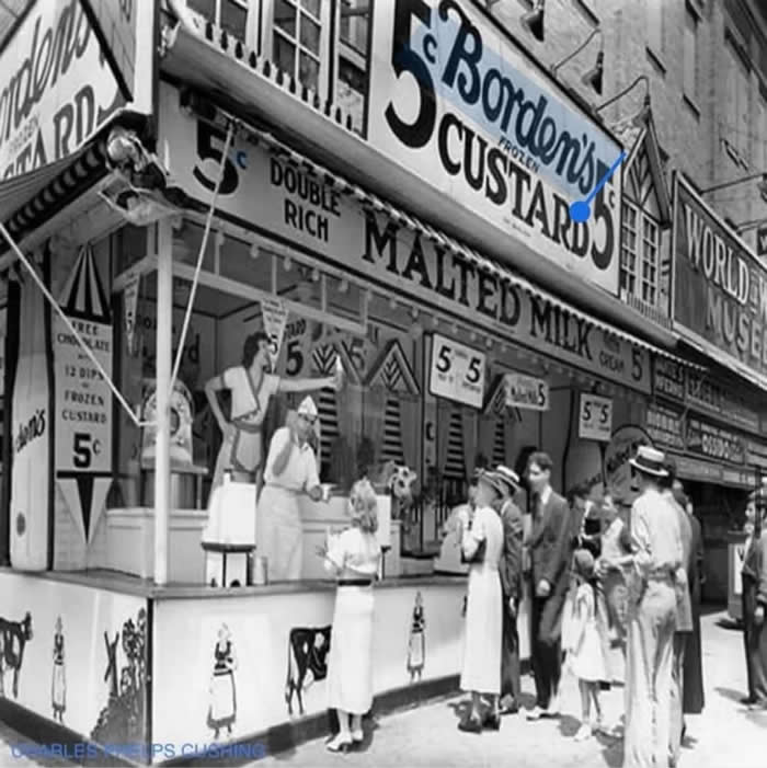 Borden's 5 Cent frozen Custard Cone stand on Coney Island, New York, 1931.