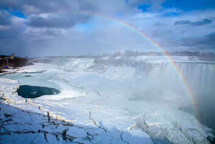 A vibrant rainbow stretches across snowy Niagara Falls as icy cliffs, frozen riverbanks, and mist-covered waterfalls create a dramatic winter landscape beneath cloudy skies.