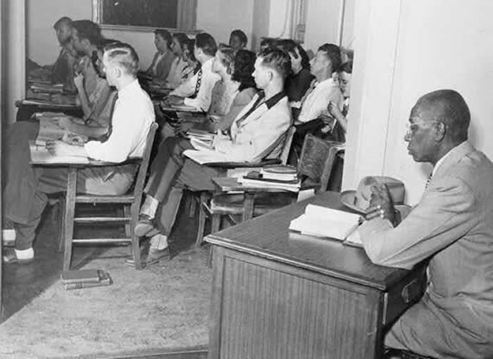 This is George W. McLaurin in 1948 being segregated from the rest of his University class. He was the first African-American to attend the University of Oklahoma. He became a Professor and because of his courage he enabled minority groups to attend University.