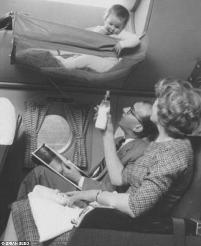 Babies would fly in &lsquo;skycots&rsquo; that were proved on some airlines. The skycot was attached to the overhead luggage bin, with children placed inside for the journey&rsquo;s duration. 1950s.