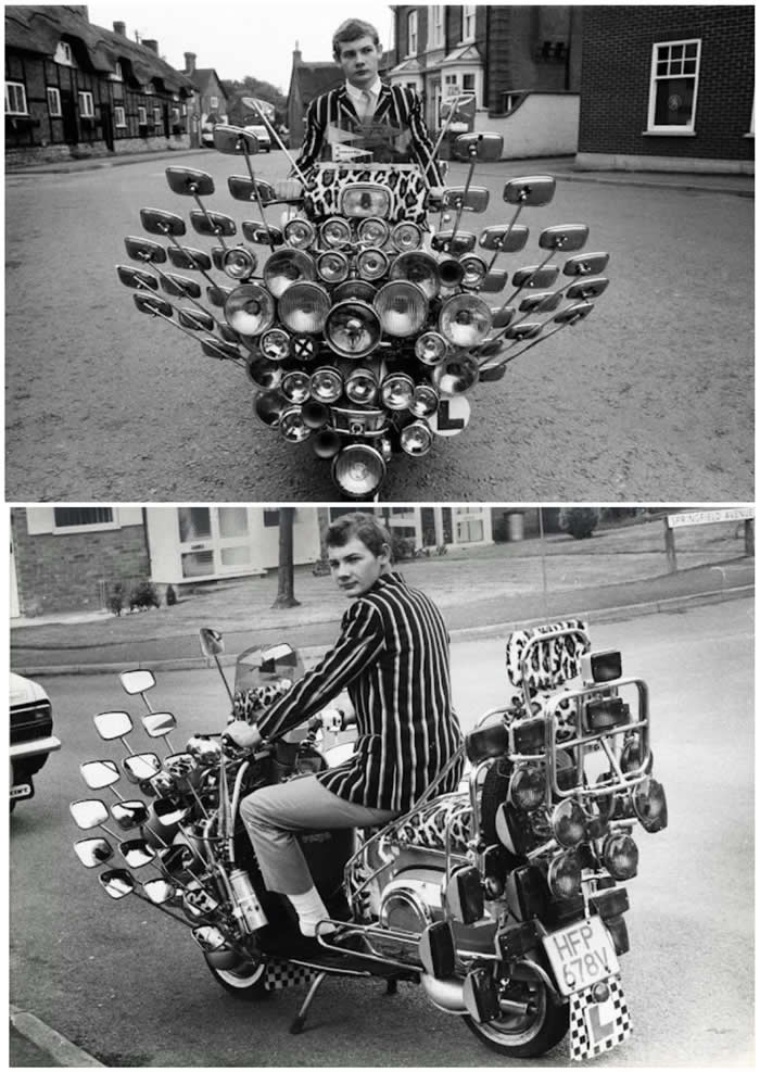 17-year-old Bryn Owen from Leicester showing off his Vespa scooter, which has 34 mirrors and 81 lights on the front and back, all bought with his pocket money.