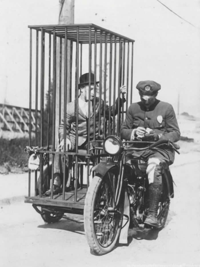 A police officer's portable holding cell, Los Angeles 1920