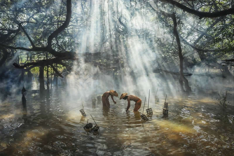 Two people stand in shallow water beneath a dense forest canopy as dramatic rays of sunlight stream through the trees. Reflections ripple across the water, while mist and light create a serene, ethereal atmosphere rich in depth and beauty.