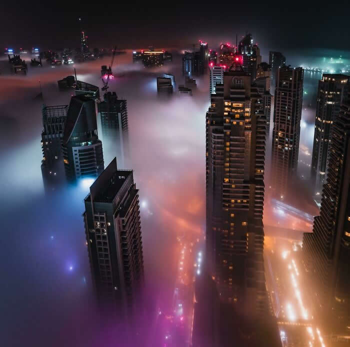 High-rise buildings rise above dense illuminated fog at night, with colorful city lights glowing through the mist to create a surreal aerial view of the skyline.