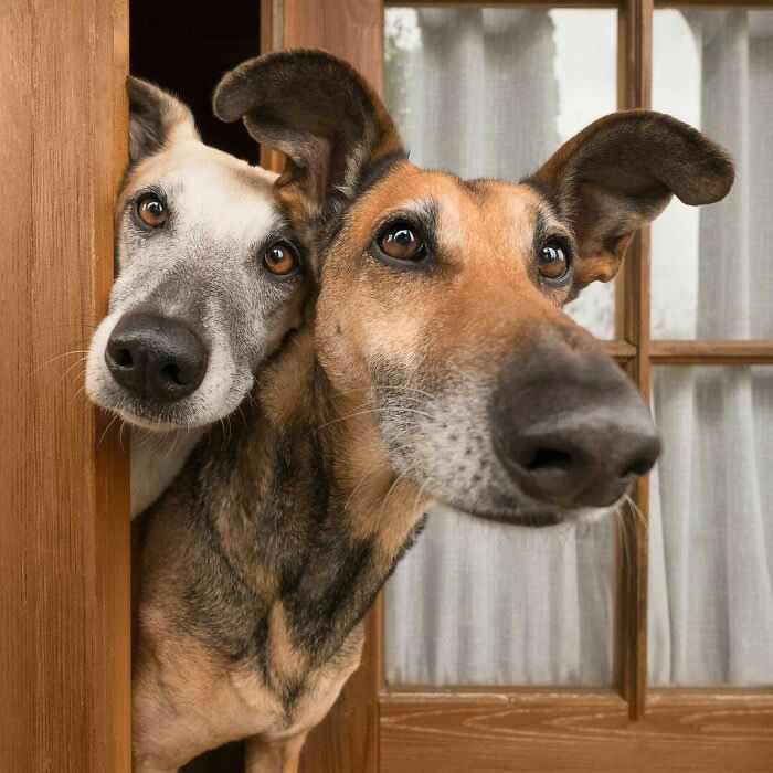 Two dogs peek around a wooden doorway, looking directly toward the camera with curious and alert expressions. One dog leans forward with its nose close to the lens while the other peers from behind, creating a playful portrait that captures friendship, curiosity, and a touch of mischief.