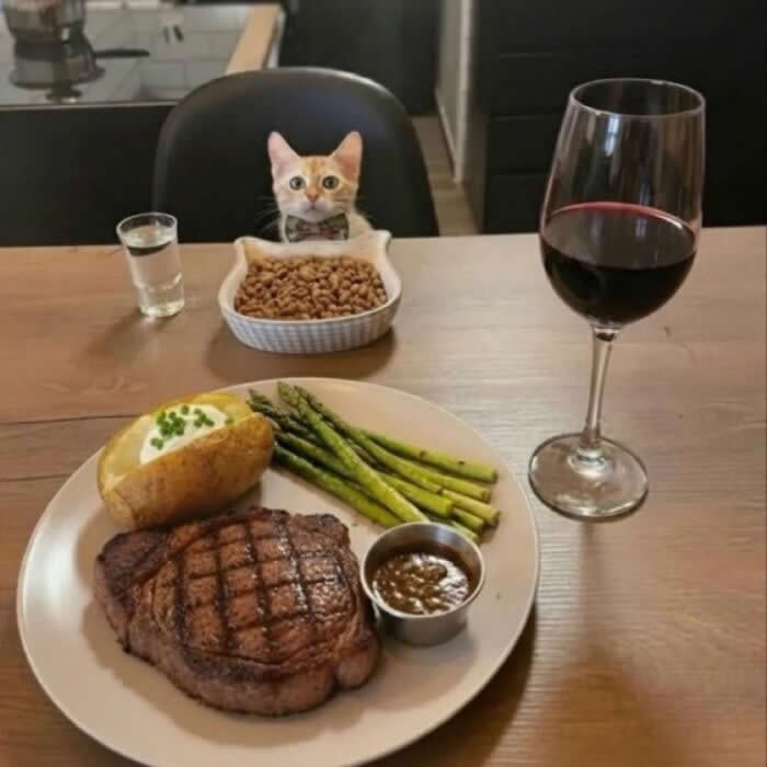 A small orange kitten sits at a dining table with a bowl of cat food, staring toward a plate of steak, asparagus, and potato beside a glass of red wine in a funny and adorable scene.