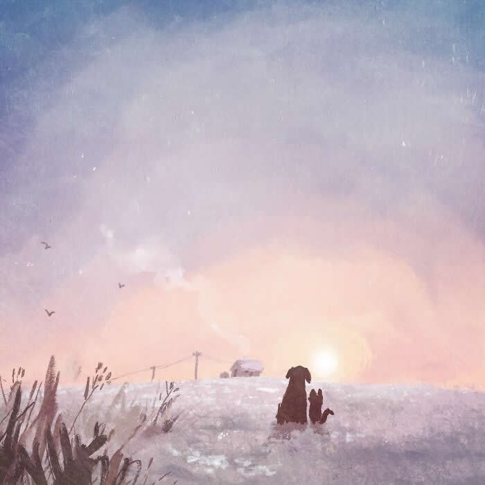 Illustration by John Bond showing a dog and cat sitting together in a snowy field at sunset. Soft pastel colors, textured brushstrokes, and a glowing horizon create a peaceful, heartwarming scene of companionship and quiet reflection.