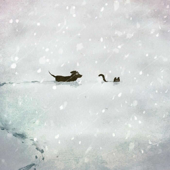 Minimalist illustration by John Bond depicting a dog and cat moving through a snowy landscape during falling snow. Soft white and gray tones, subtle brushstrokes, and ample negative space create a peaceful, whimsical winter atmosphere.